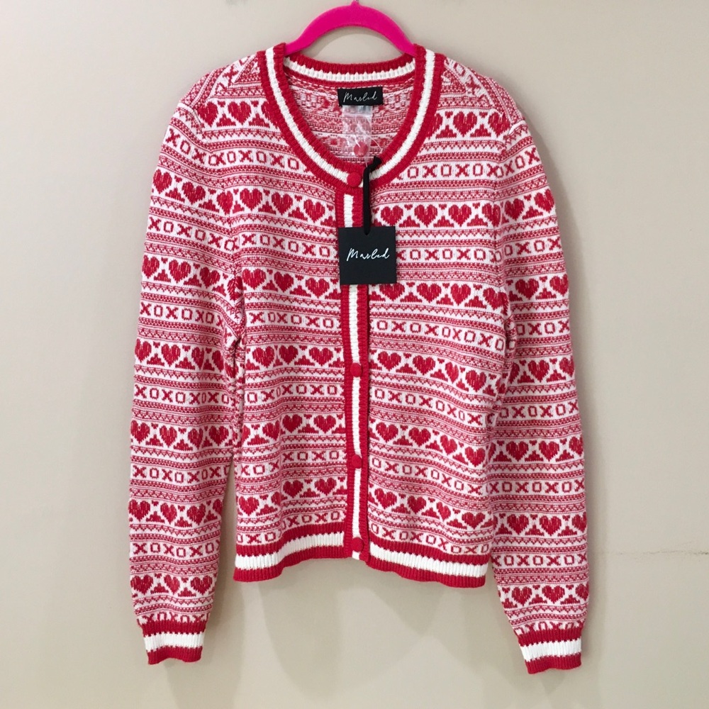 NWT MARLED Heart XO Cardigan Sweater Red White Valentine Fair Isle Knit Women M